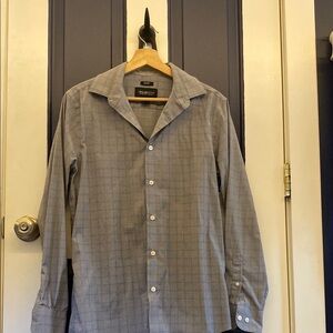 Kenneth Cole grey button down with blue square pattern.